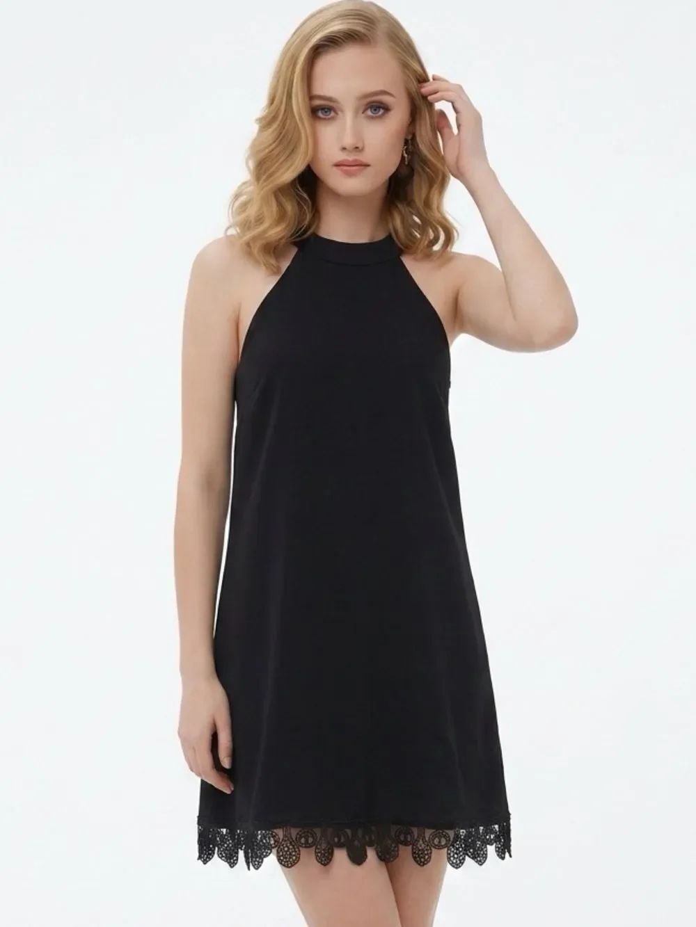 LULU’S | Lace Trim Solid Black Dress High Neck Sleeveless Women’s Size X-Large
